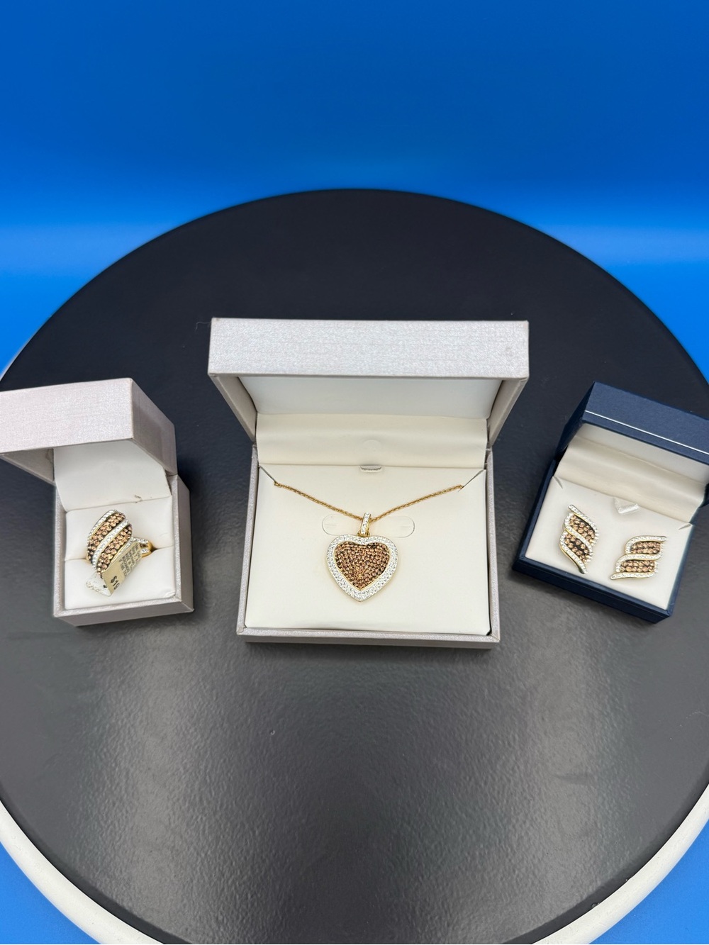 18kt‎ Gold Over Bronze Chocolate White 18" Heart Pendant Earrings Ring Set Sz 7